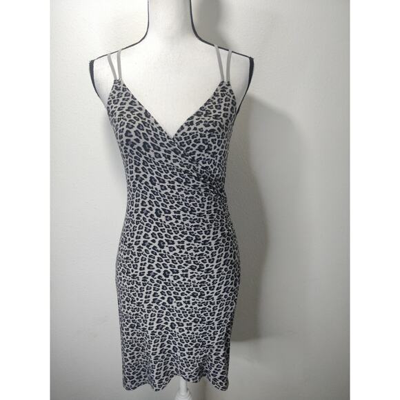 Urban Outfitters Gray Black Animal Leopard Surplice Faux Wrap Strappy Dress S - Picture 5 of 12